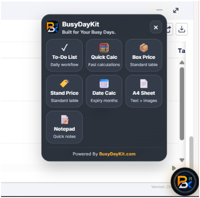 Screenshot of BusyDayKit browser extension quick-tool launcher